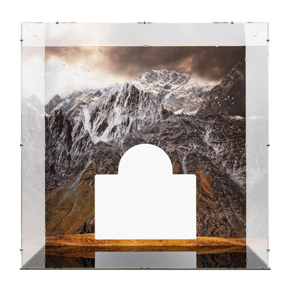 Front view of empty LEGO 11377 The Lord of the Rings Minas Tirith Display Case with a UV printed background.