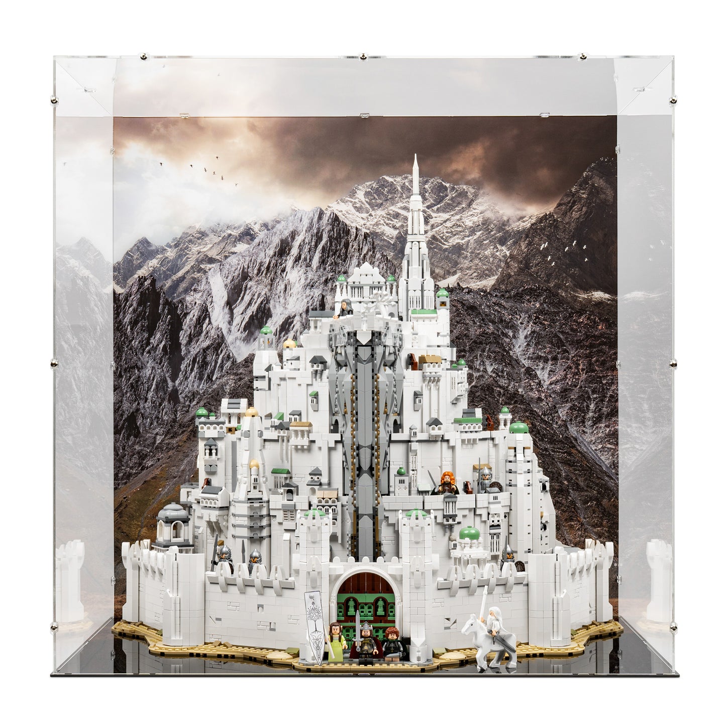 Front view of LEGO 11377 The Lord of the Rings Minas Tirith Display Case with a UV printed background.