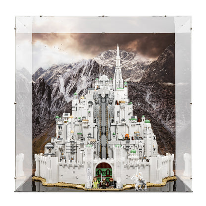 Front view of LEGO 11377 The Lord of the Rings Minas Tirith Display Case with a UV printed background.