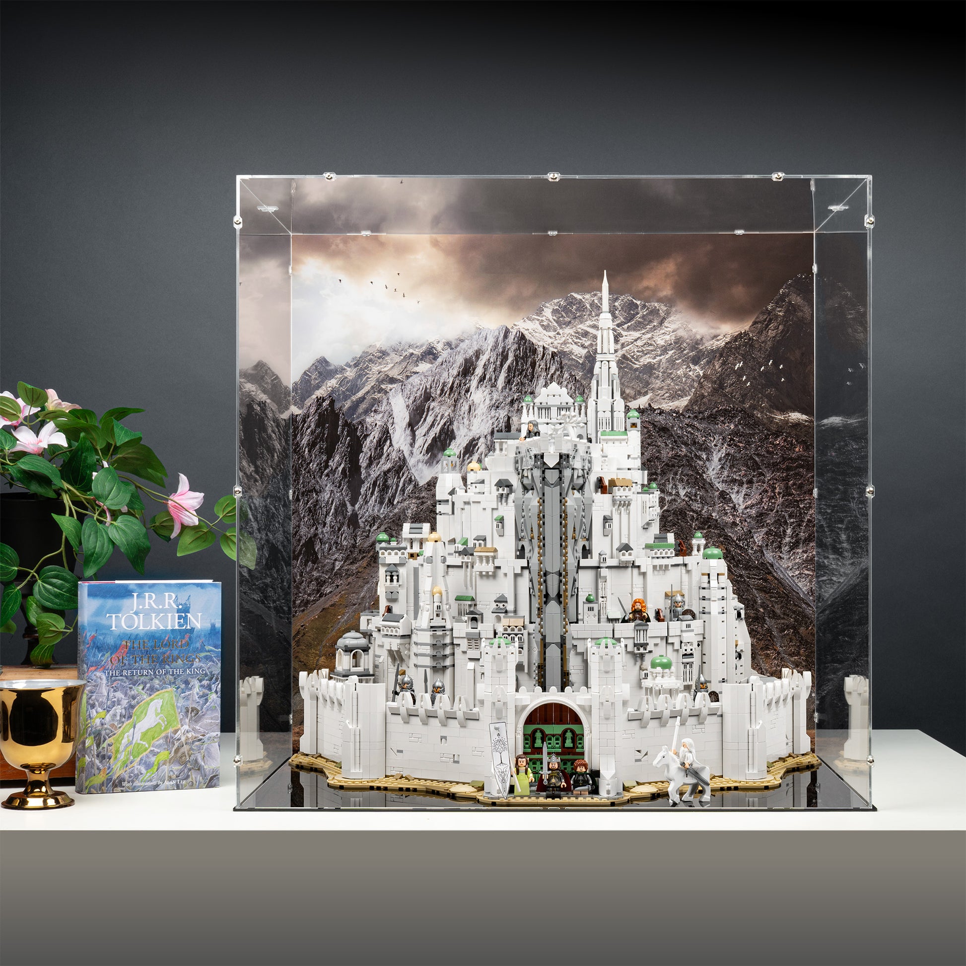 Lifestyle view of LEGO 11377 The Lord of the Rings Minas Tirith Display Case with a UV printed background.