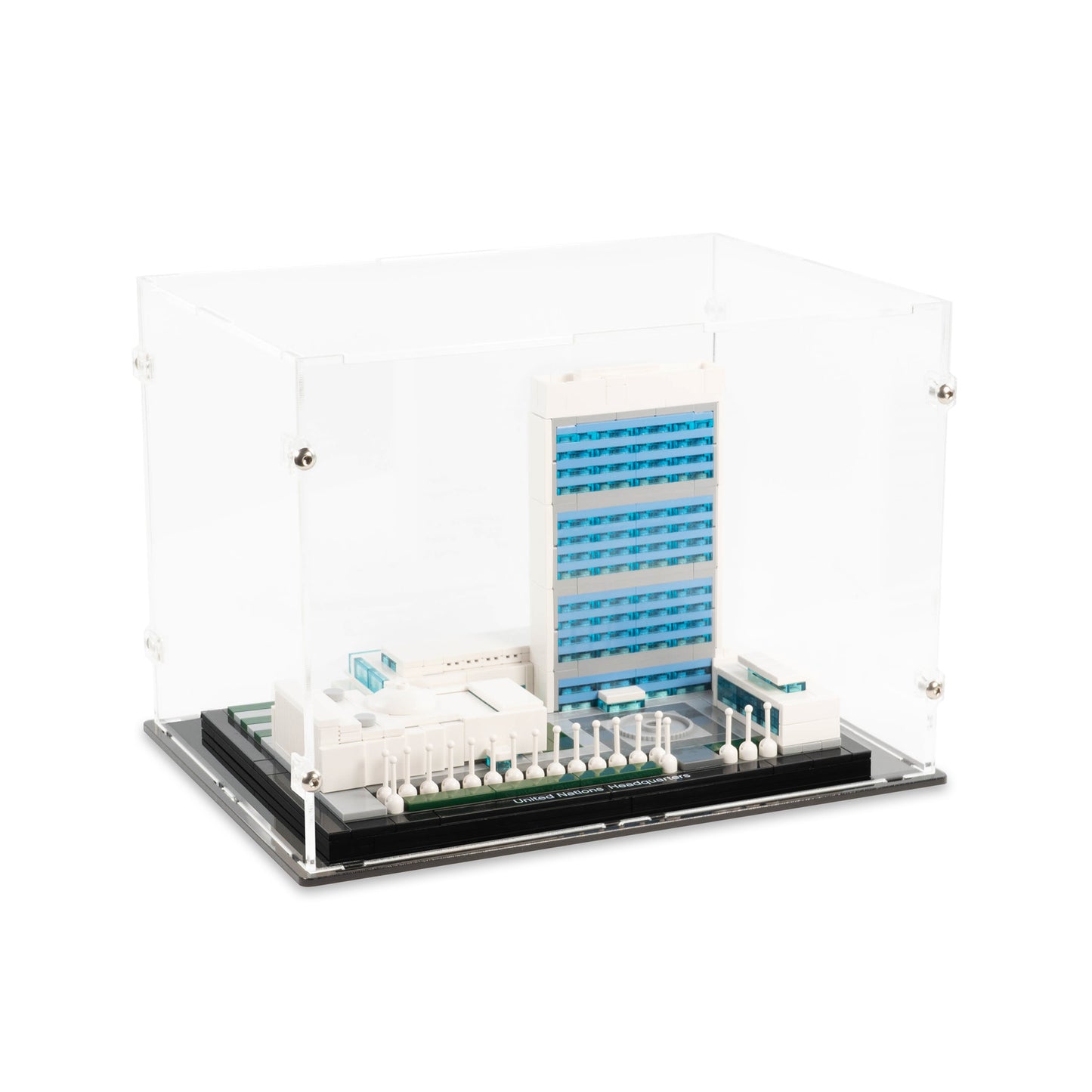 Angled top view of LEGO 21018 United Nations Headquarters Display Case.