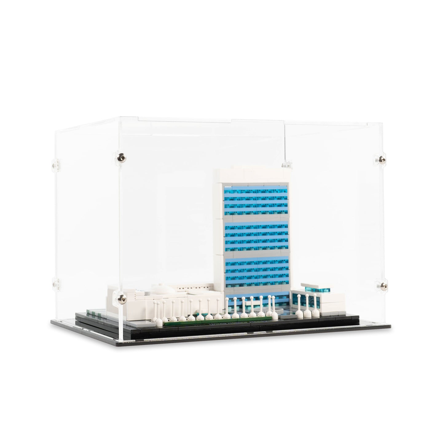 Angled view of LEGO 21018 United Nations Headquarters Display Case.
