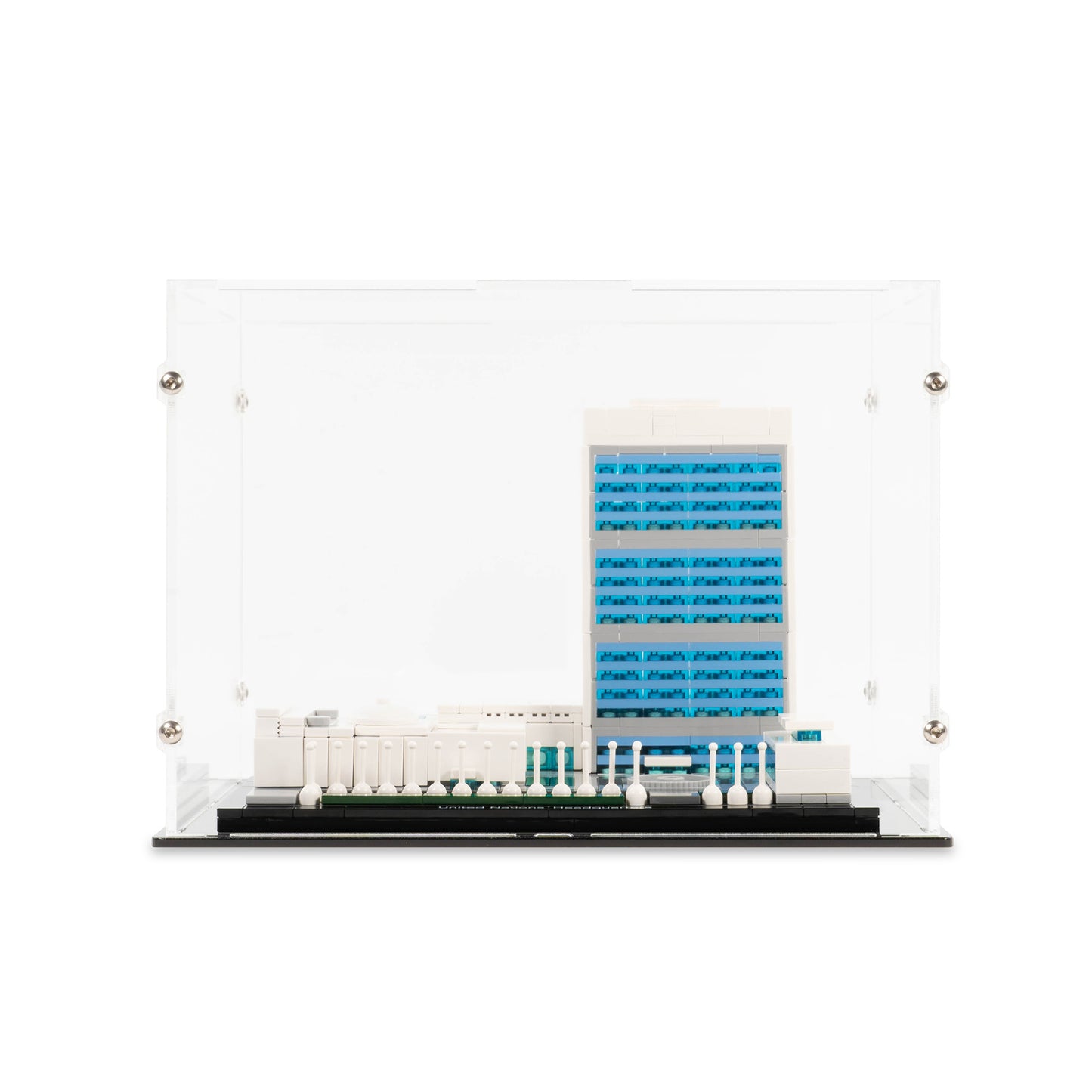 Front view of LEGO 21018 United Nations Headquarters Display Case.