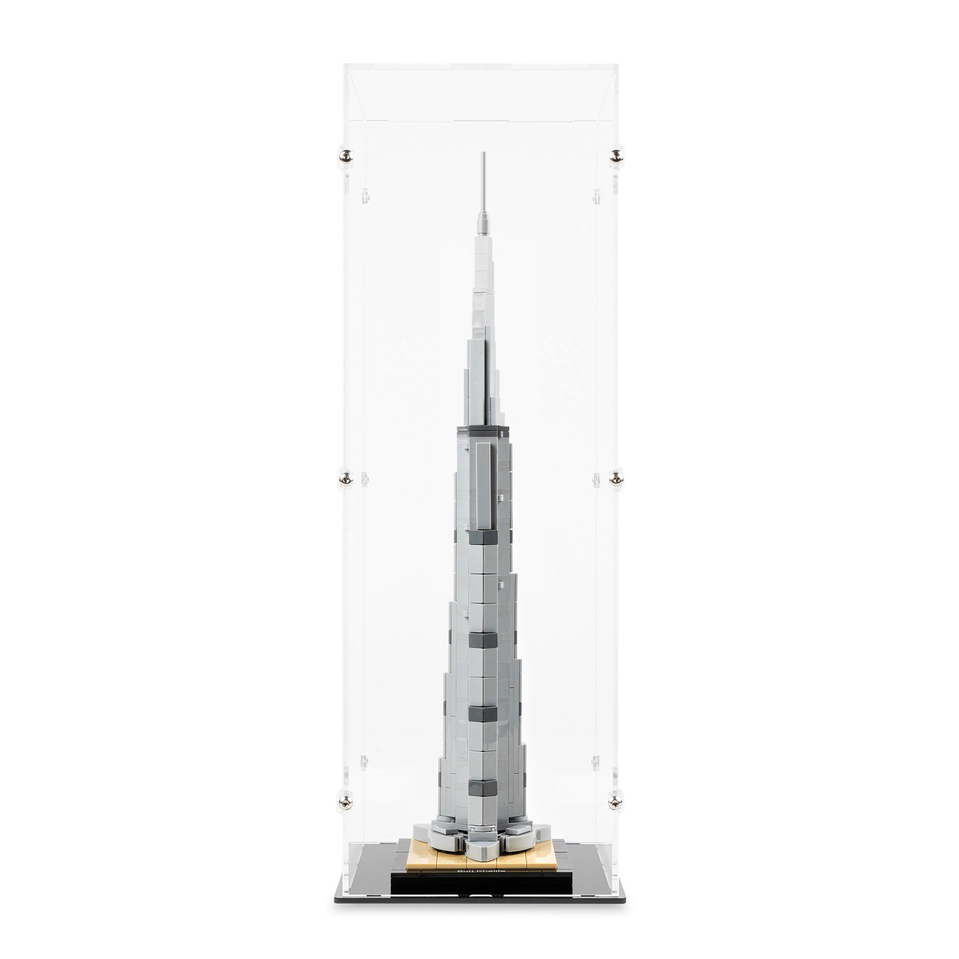 Front view of LEGO 21031 Burj Khalifa Display Case.