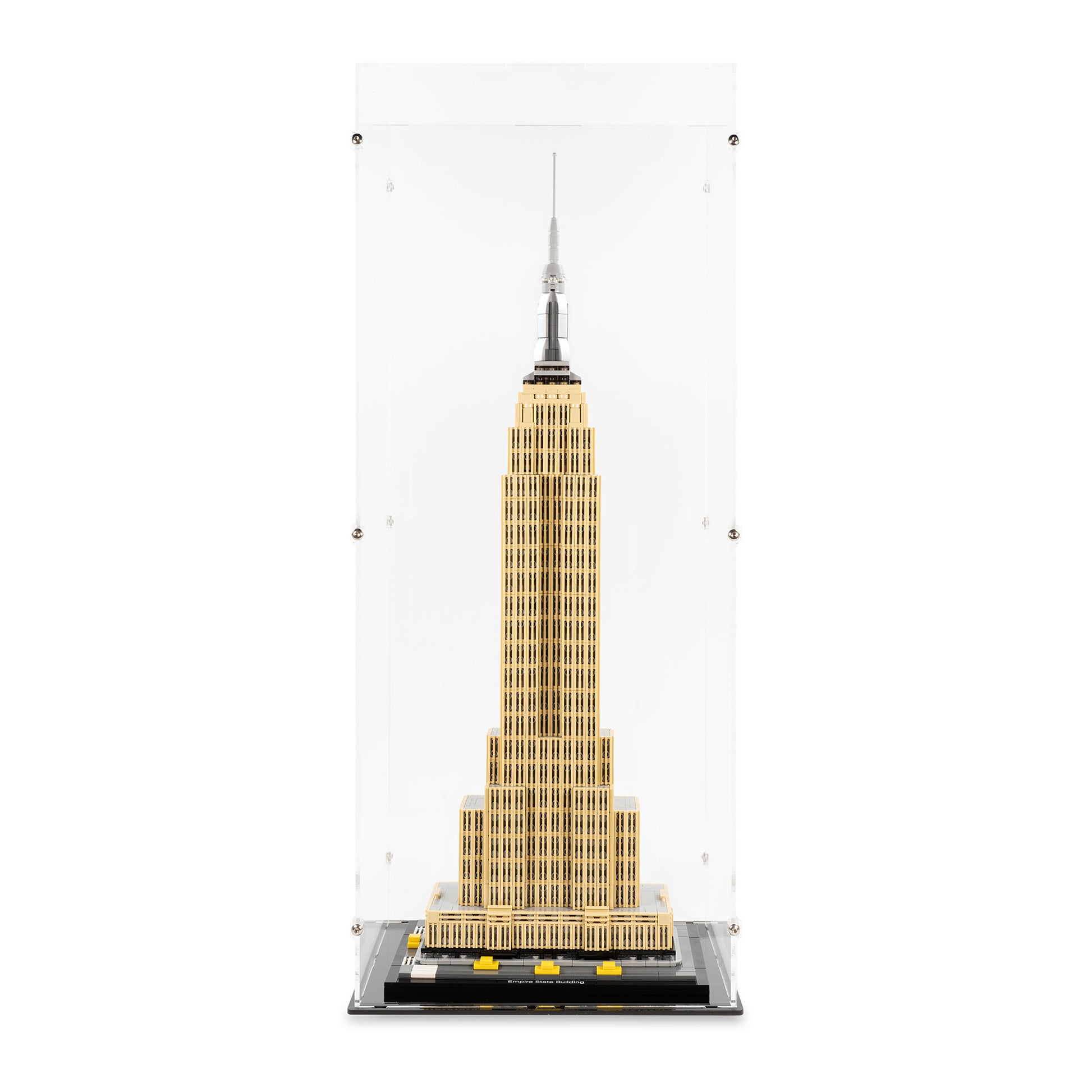 Front view of LEGO 21046 Empire State Building Display Case.