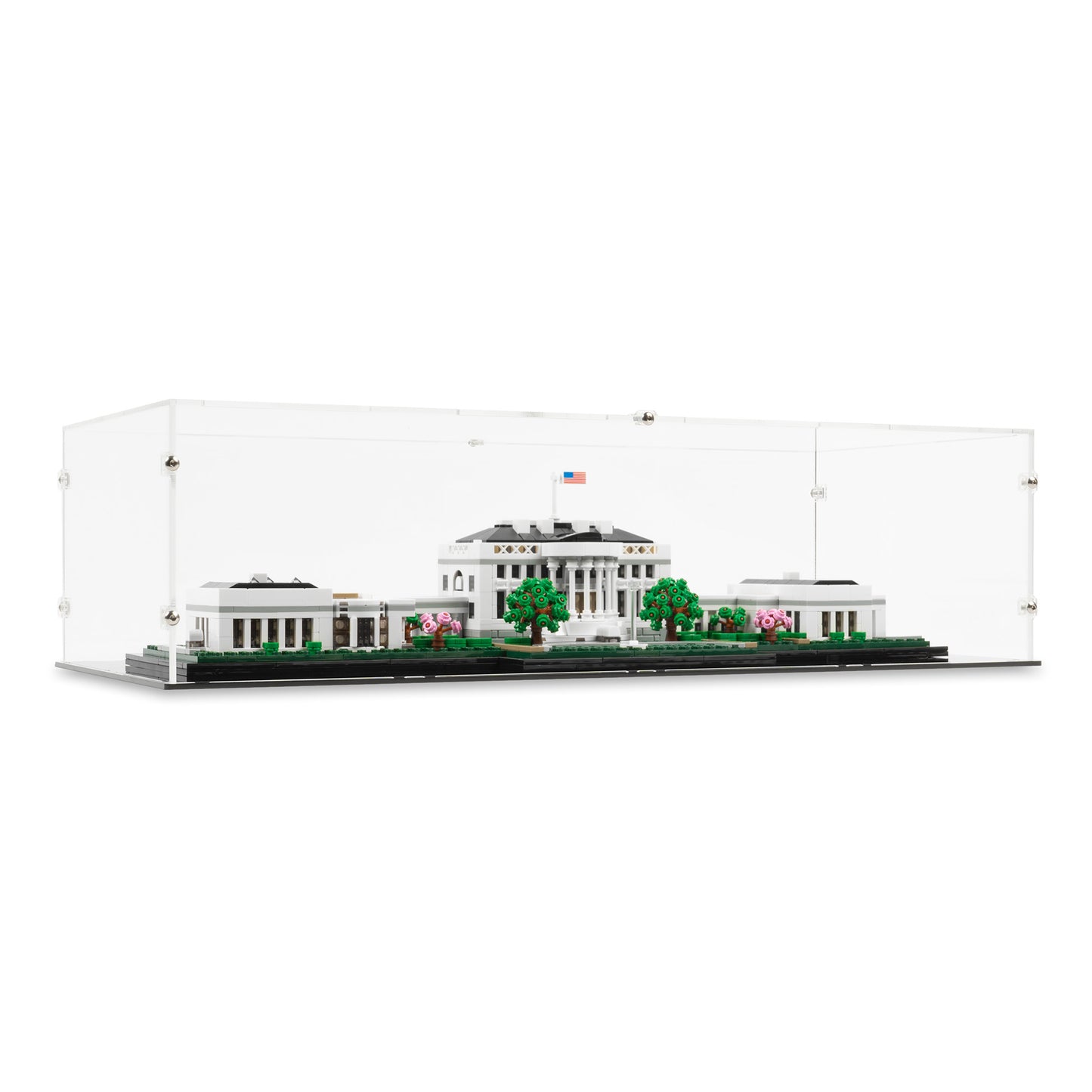 Angled view of LEGO 21054 The White House Display Case.