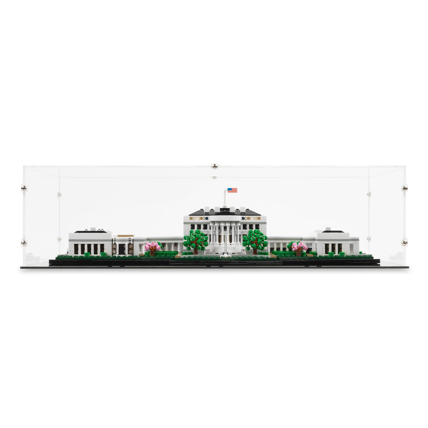 Front view of LEGO 21054 The White House Display Case.