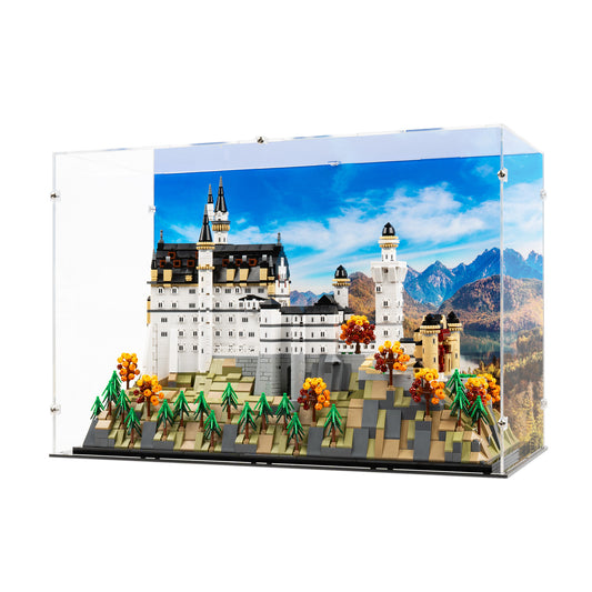 Angled view of LEGO 21063 Neuschwanstein Castle Display Case with a UV printed background.