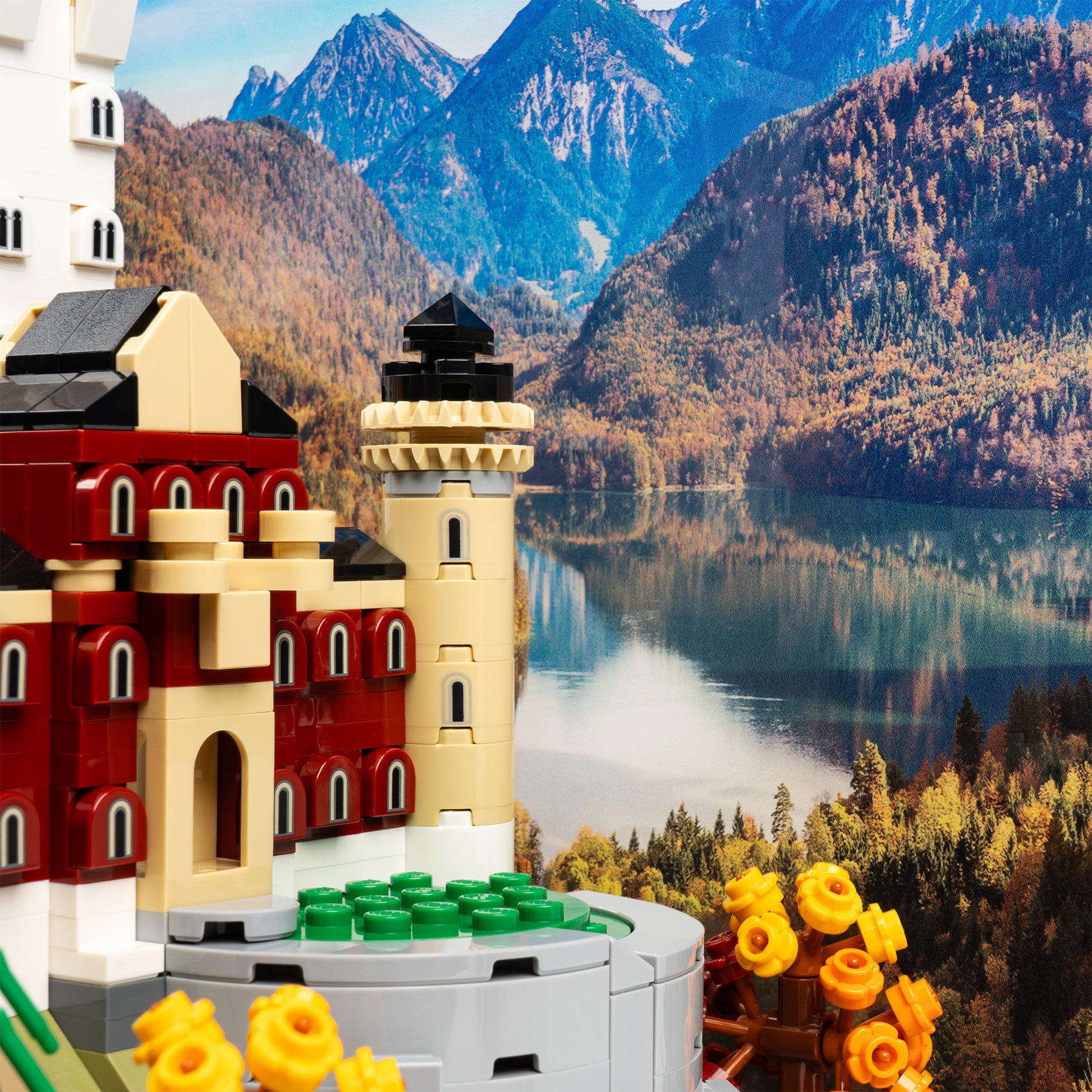 Lake detail view of LEGO 21063 Neuschwanstein Castle Display Case with a UV printed background.