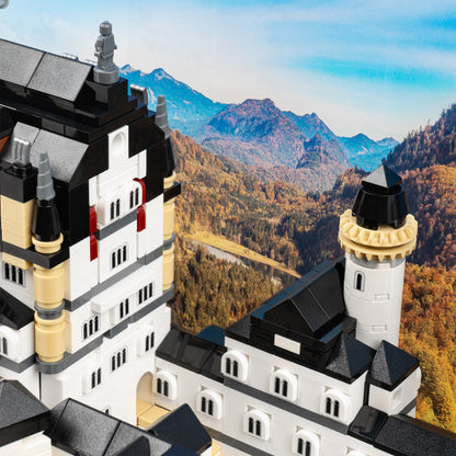 Courtyard detail view of LEGO 21063 Neuschwanstein Castle Display Case with a UV printed background.