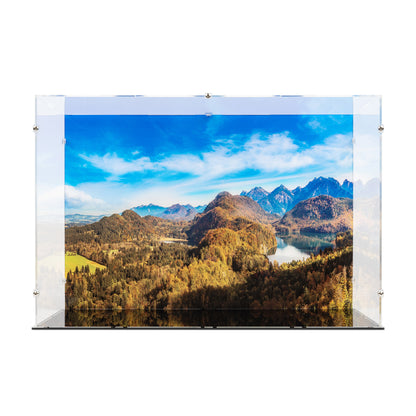 Front view of empty LEGO 21063 Neuschwanstein Castle Display Case with a UV printed background.