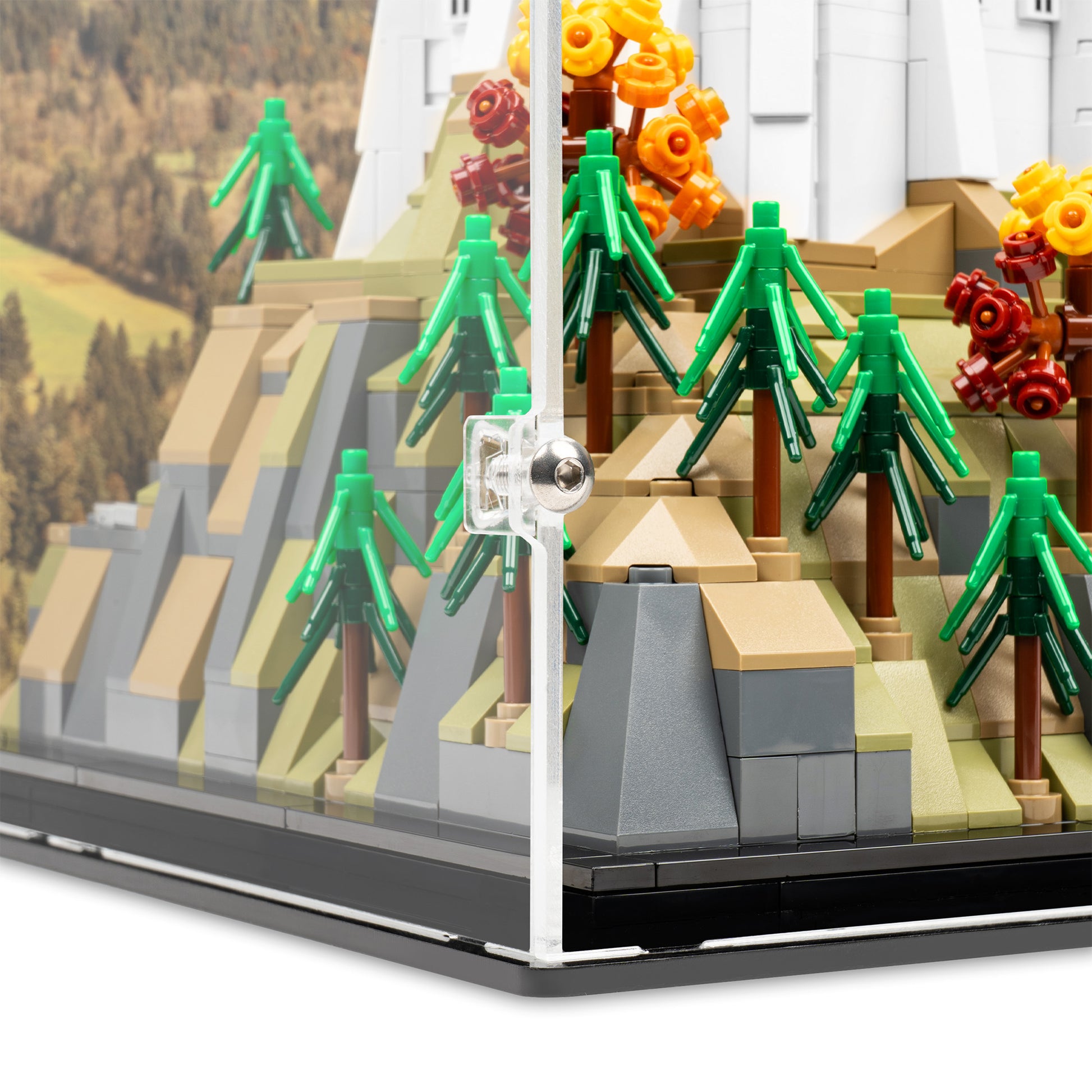 Fitting detail view of LEGO 21063 Neuschwanstein Castle Display Case with a UV printed background.