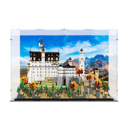 Front view of LEGO 21063 Neuschwanstein Castle Display Case with a UV printed background.