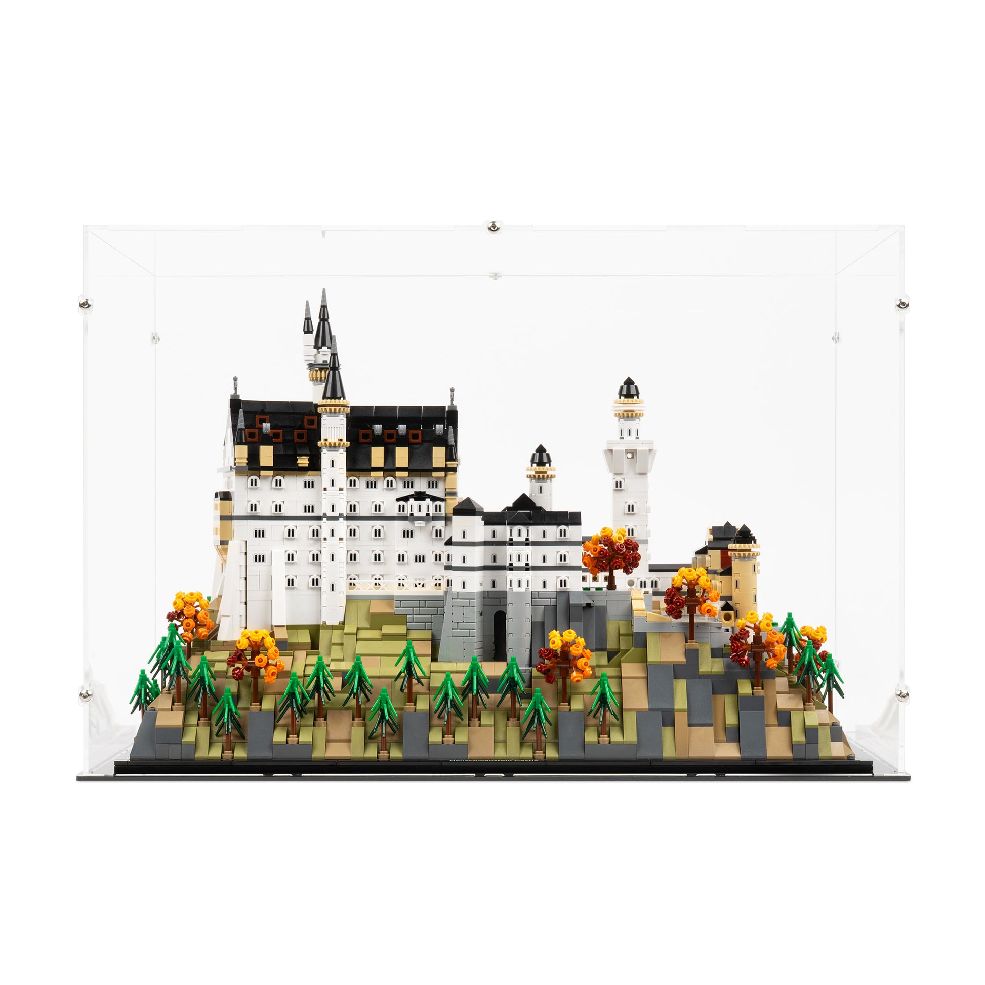 Front view of LEGO 21063 Neuschwanstein Castle Display Case.