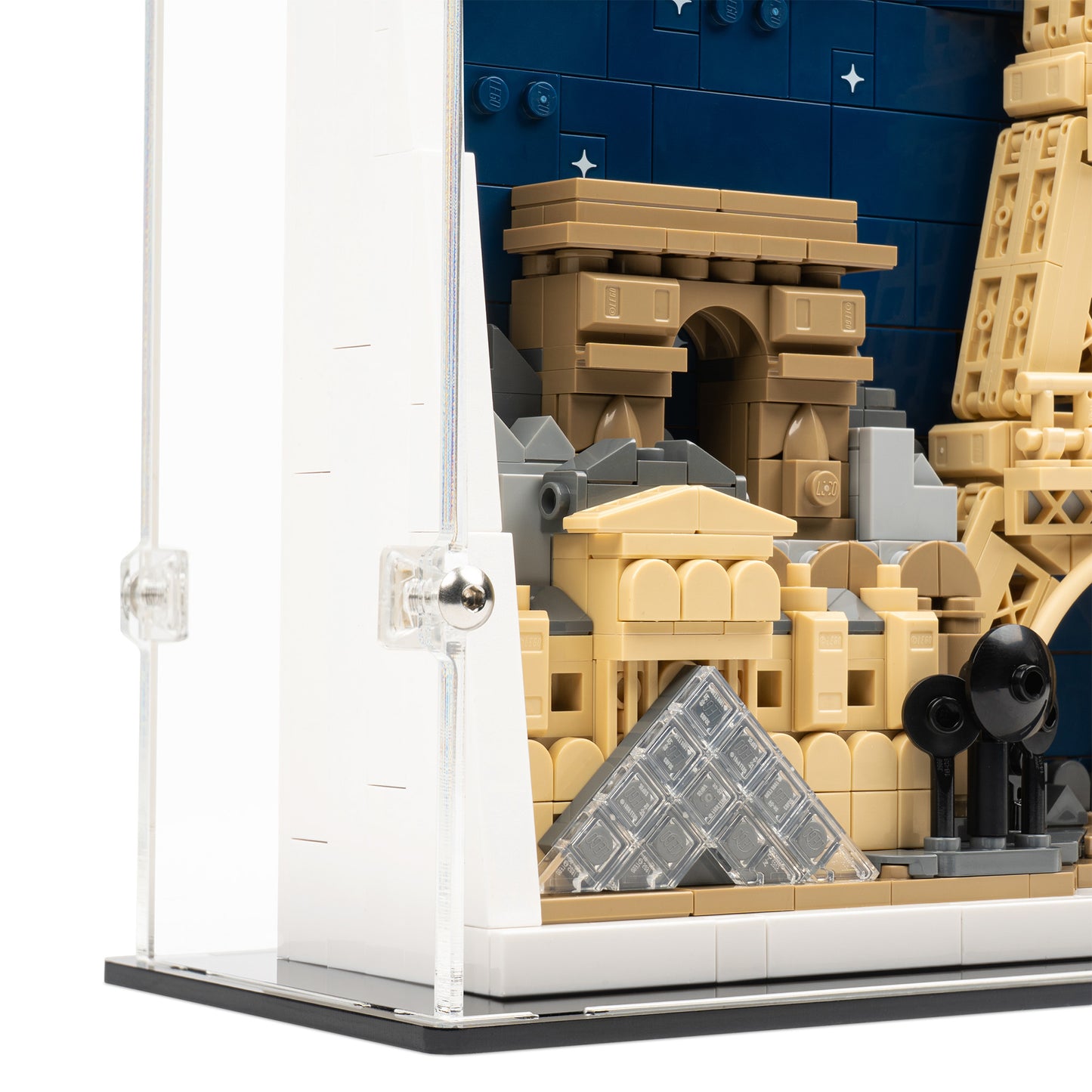 Left fitting detail view of LEGO 21064 Paris – City of Love Display Case.