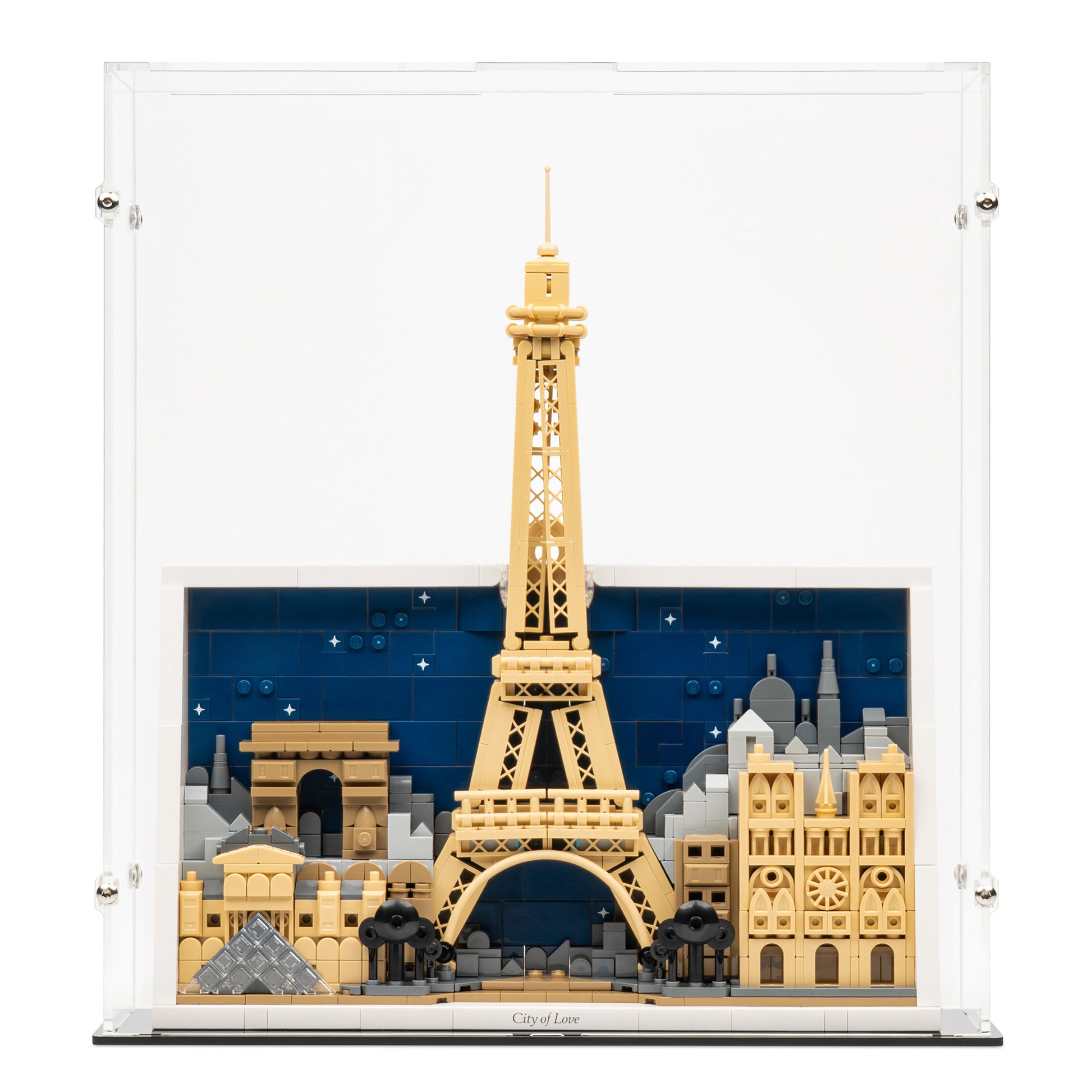 Front view of LEGO 21064 Paris – City of Love Display Case.