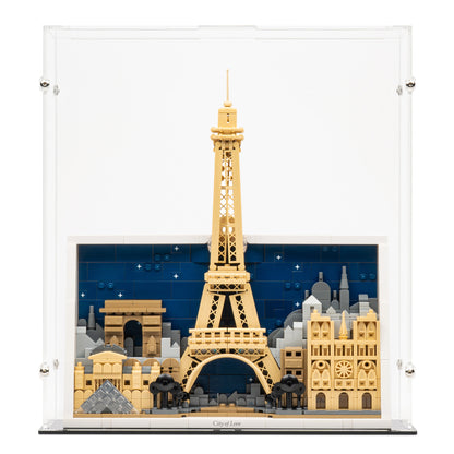 Front view of LEGO 21064 Paris – City of Love Display Case.