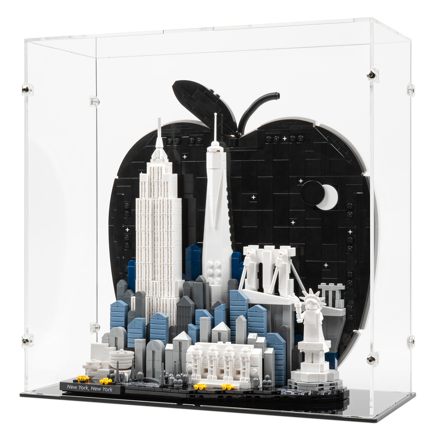Angled view of LEGO 21066 New York City – The Big Apple Display Case.