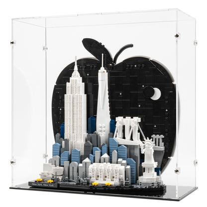 Angled view of LEGO 21066 New York City – The Big Apple Display Case.