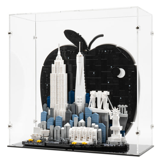 Angled view of LEGO 21066 New York City – The Big Apple Display Case.