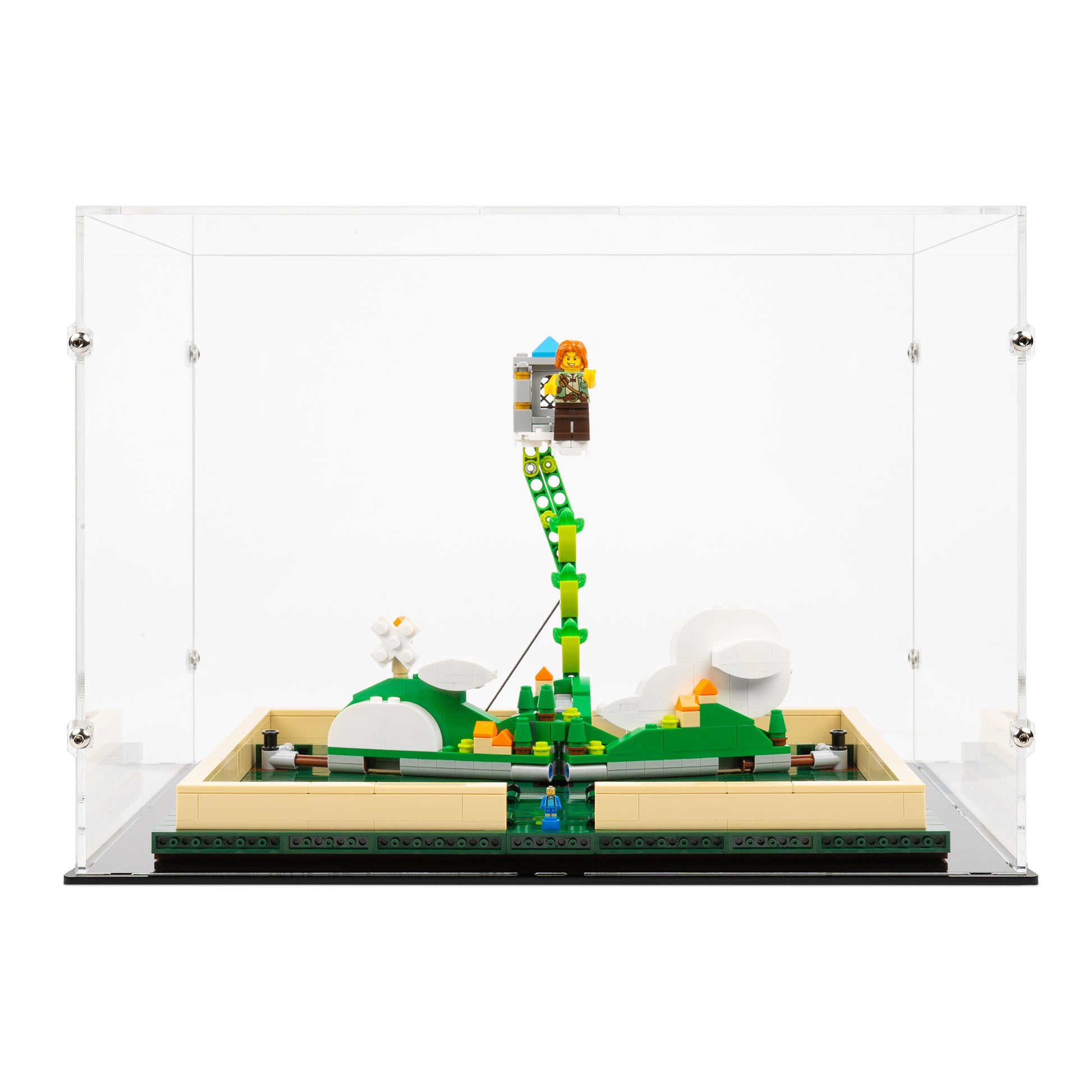 Front view of LEGO 21315 Pop-Up Book Open Display Case with Jack and the Beanstalk.