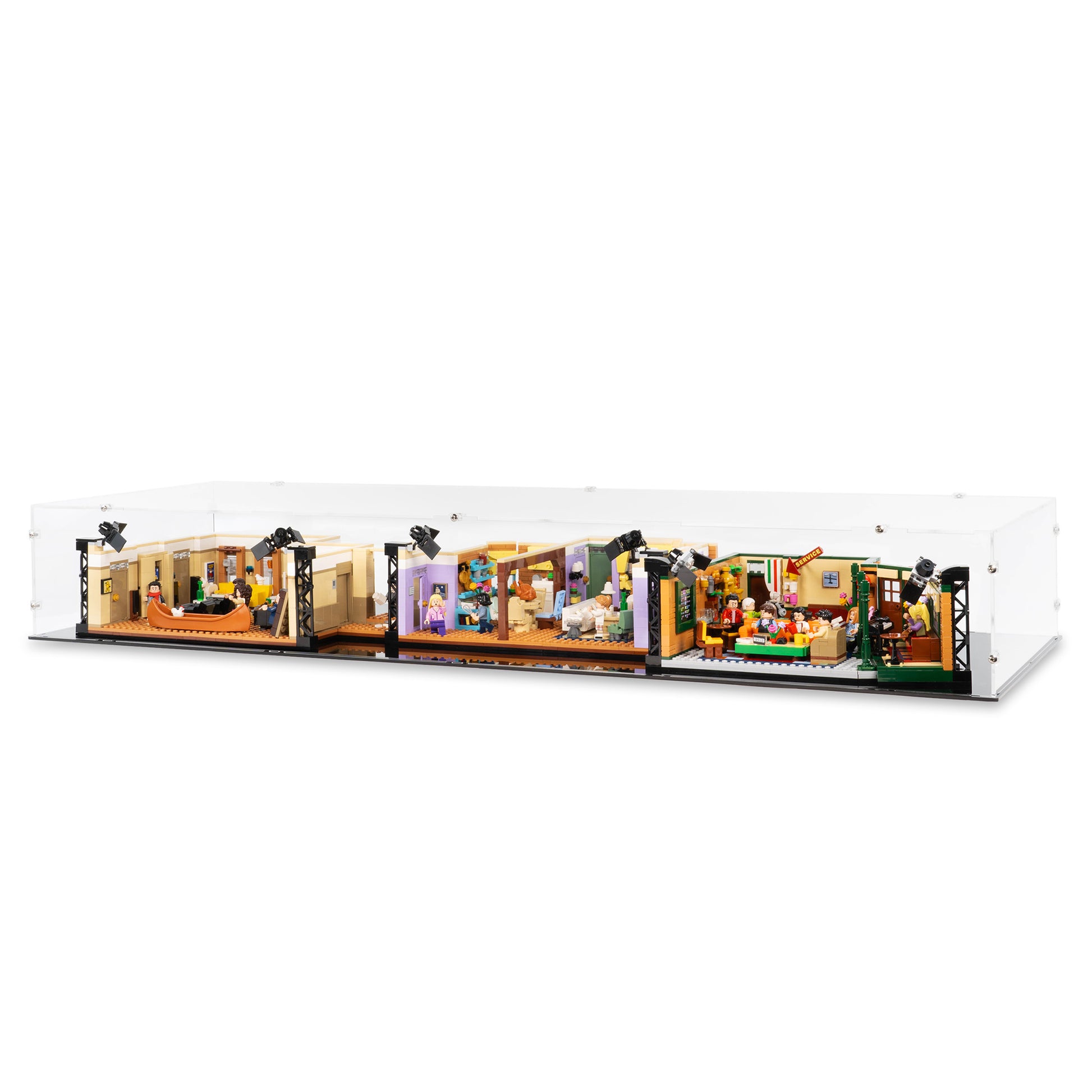 Angled view of LEGO 21319 Central Perk & 10292 The Friends Apartments Display Case.