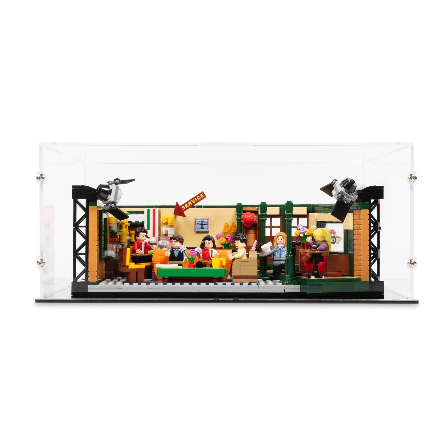 Front view of LEGO 21319 Central Perk Display Case.