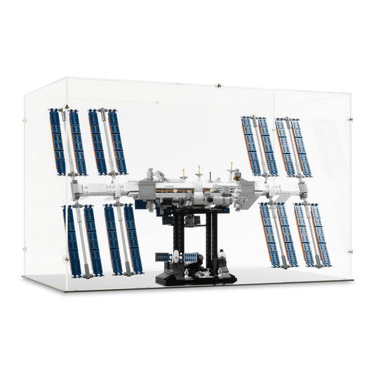 Angled view of LEGO 21321 International Space Station Display Case.