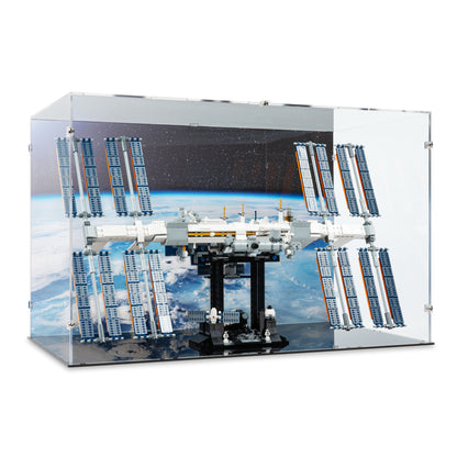 Angled view of LEGO 21321 International Space Station Display Case with a UV printed background.