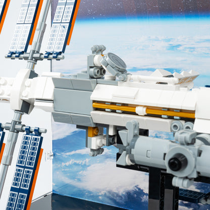 Station detail view of LEGO 21321 International Space Station Display Case with a UV printed background.