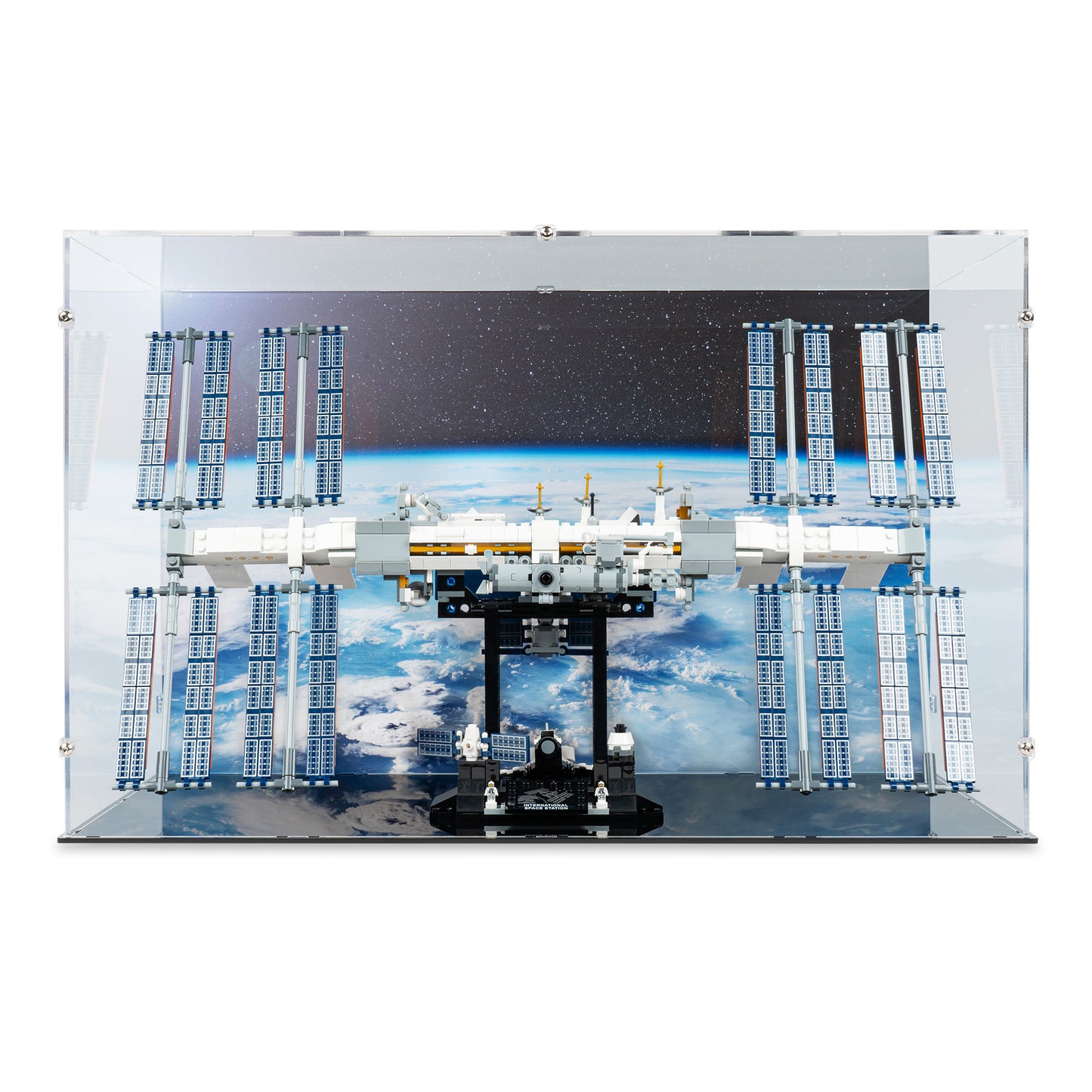 Front view of LEGO 21321 International Space Station Display Case with a UV printed background.