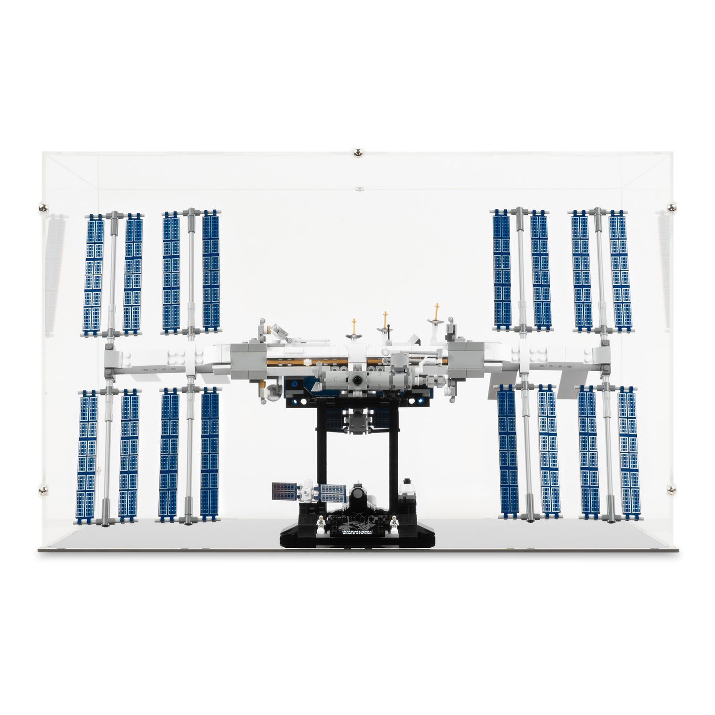 Front view of LEGO 21321 International Space Station Display Case.