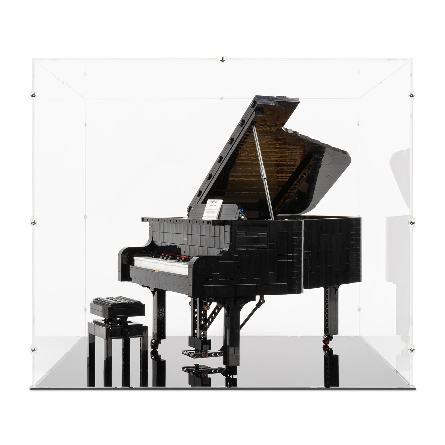 Front view of LEGO 21323 Grand Piano Display Case.