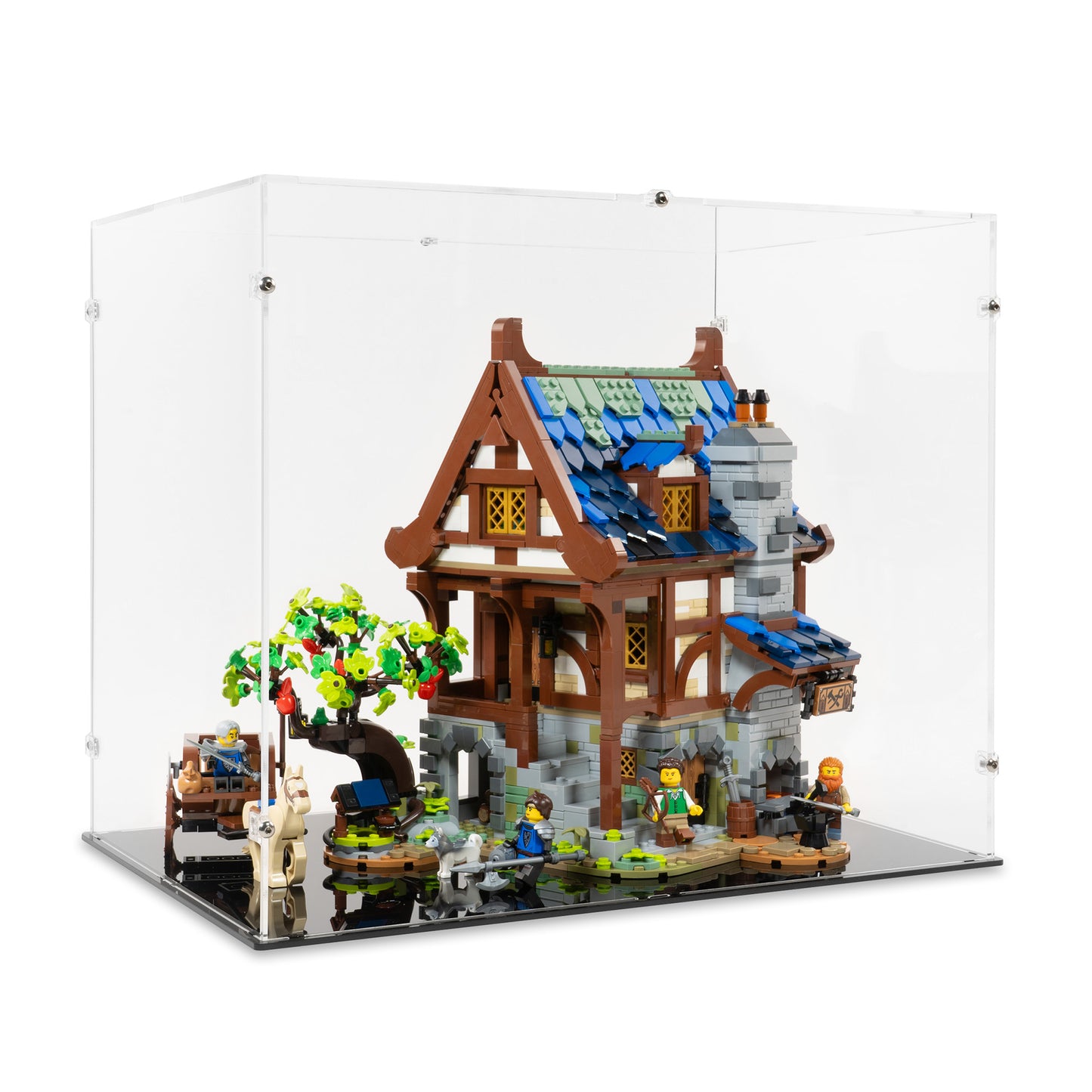 Angled view of LEGO 21325 Medieval Blacksmith Display Case.