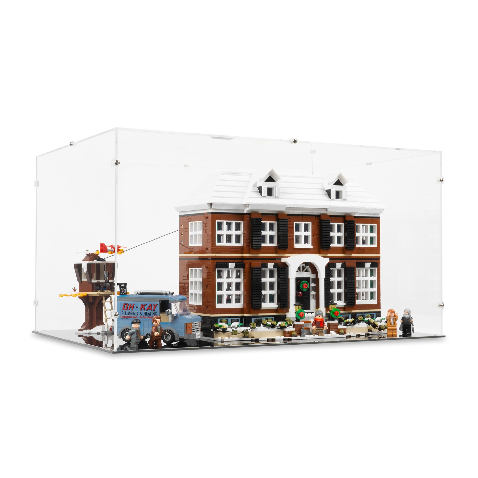 Angled view of LEGO 21330 Home Alone Display Case with a black base.