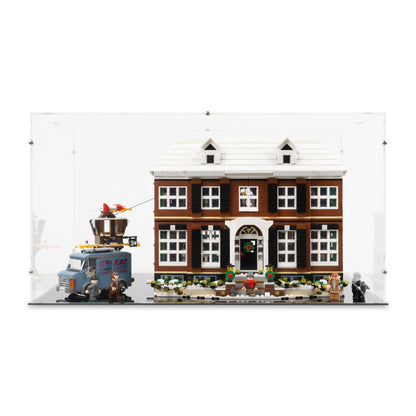 Front view of LEGO 21330 Home Alone Display Case with a black base.
