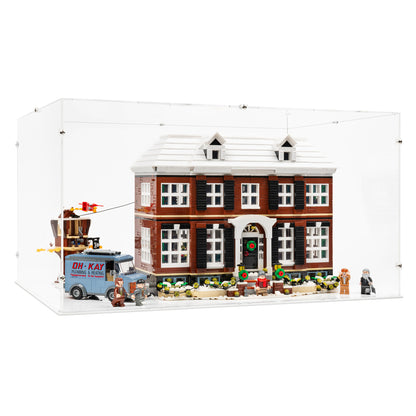 Angled view of LEGO 21330 Home Alone Display Case with a white base.