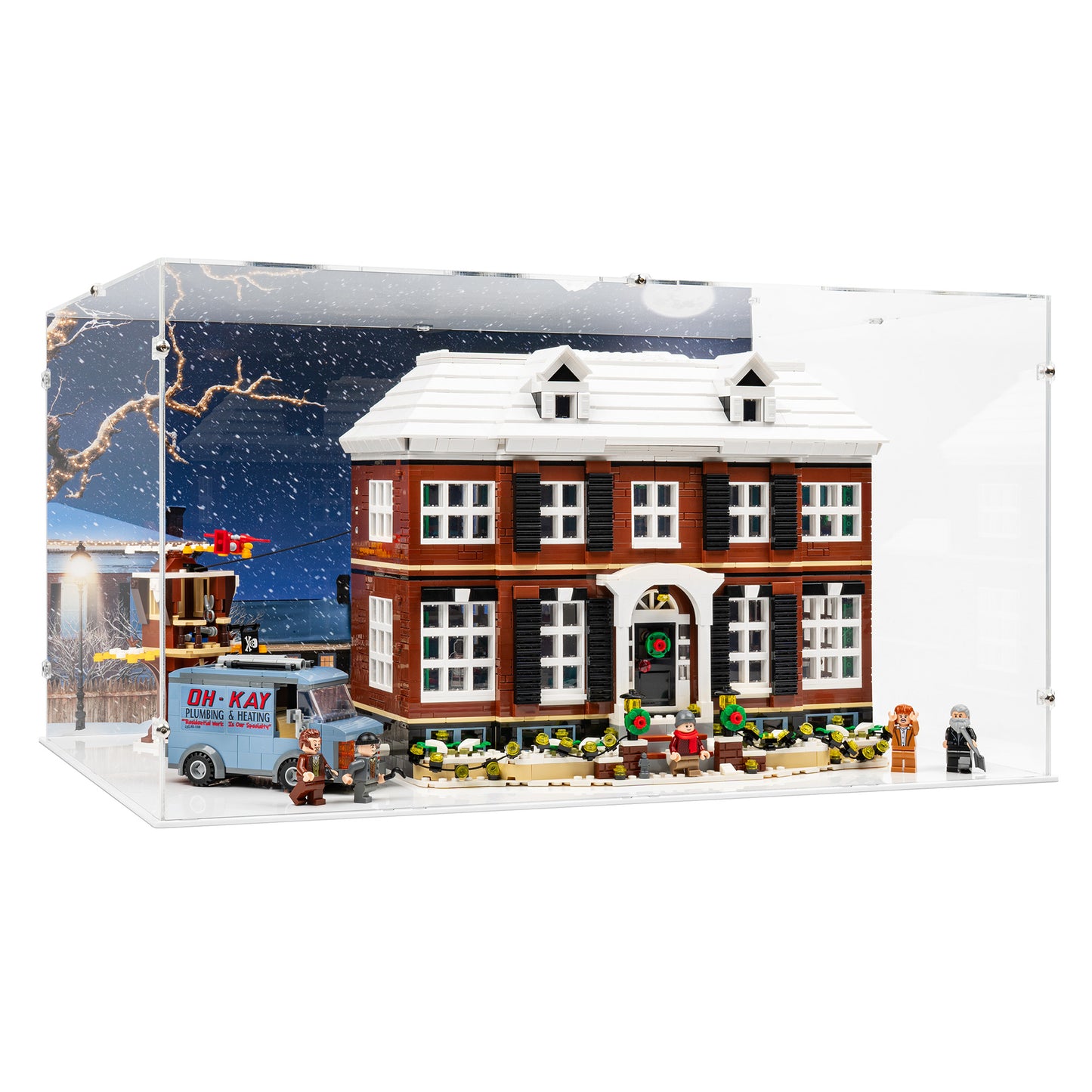 Angled view of LEGO 21330 Home Alone Display Case with a white base and a UV printed background.