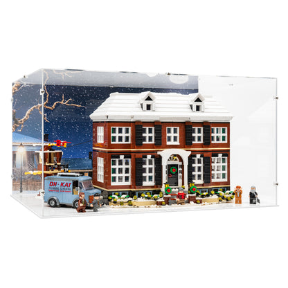 Angled view of LEGO 21330 Home Alone Display Case with a white base and a UV printed background.