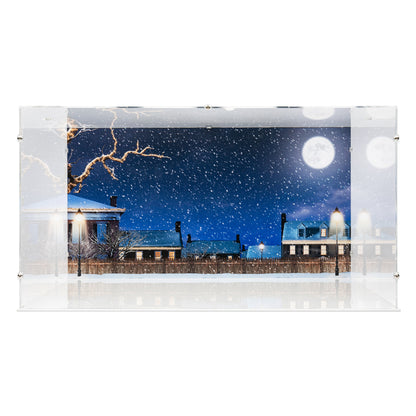 Front view of empty LEGO 21330 Home Alone Display Case with a white base and a UV printed background.