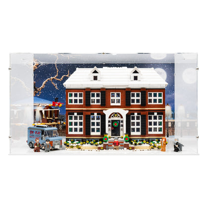 Front view of LEGO 21330 Home Alone Display Case with a white base and a UV printed background.