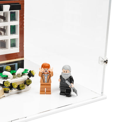 Fitting detail view of LEGO 21330 Home Alone Display Case with a white base.