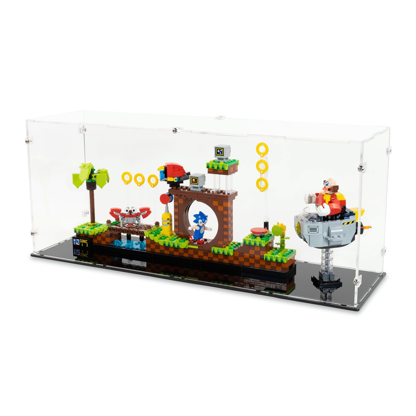Angled top view of LEGO 21331 Sonic the Hedgehog Green Hill Zone Display Case.