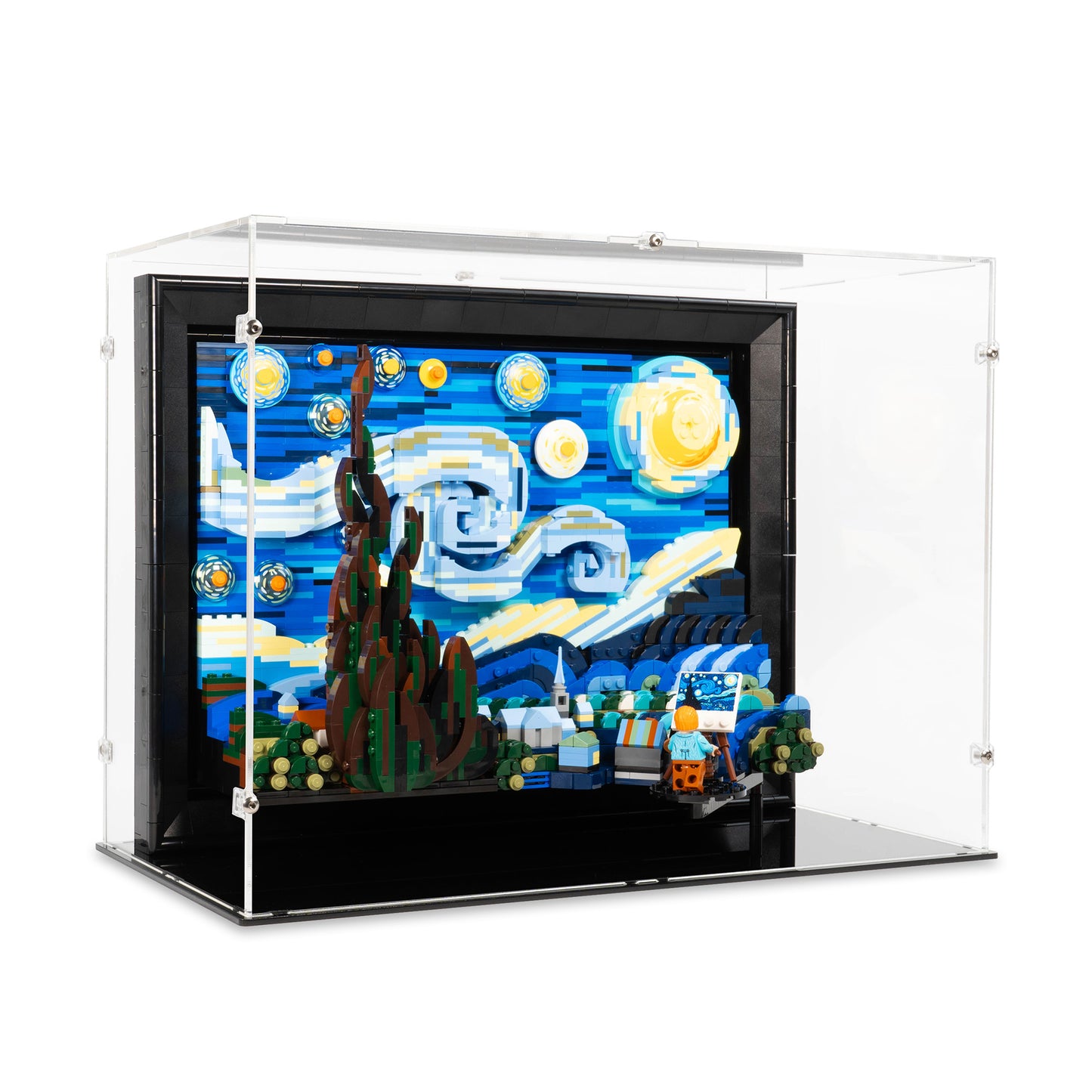 Angled view of LEGO 21333 Vincent van Gogh The Starry Night Display Case.