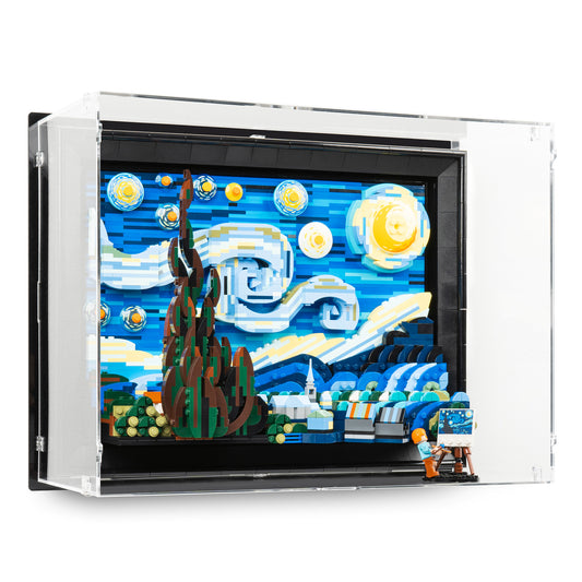 Angled view of LEGO 21333 Vincent van Gogh – The Starry Night Wall-Mounted Display Case.