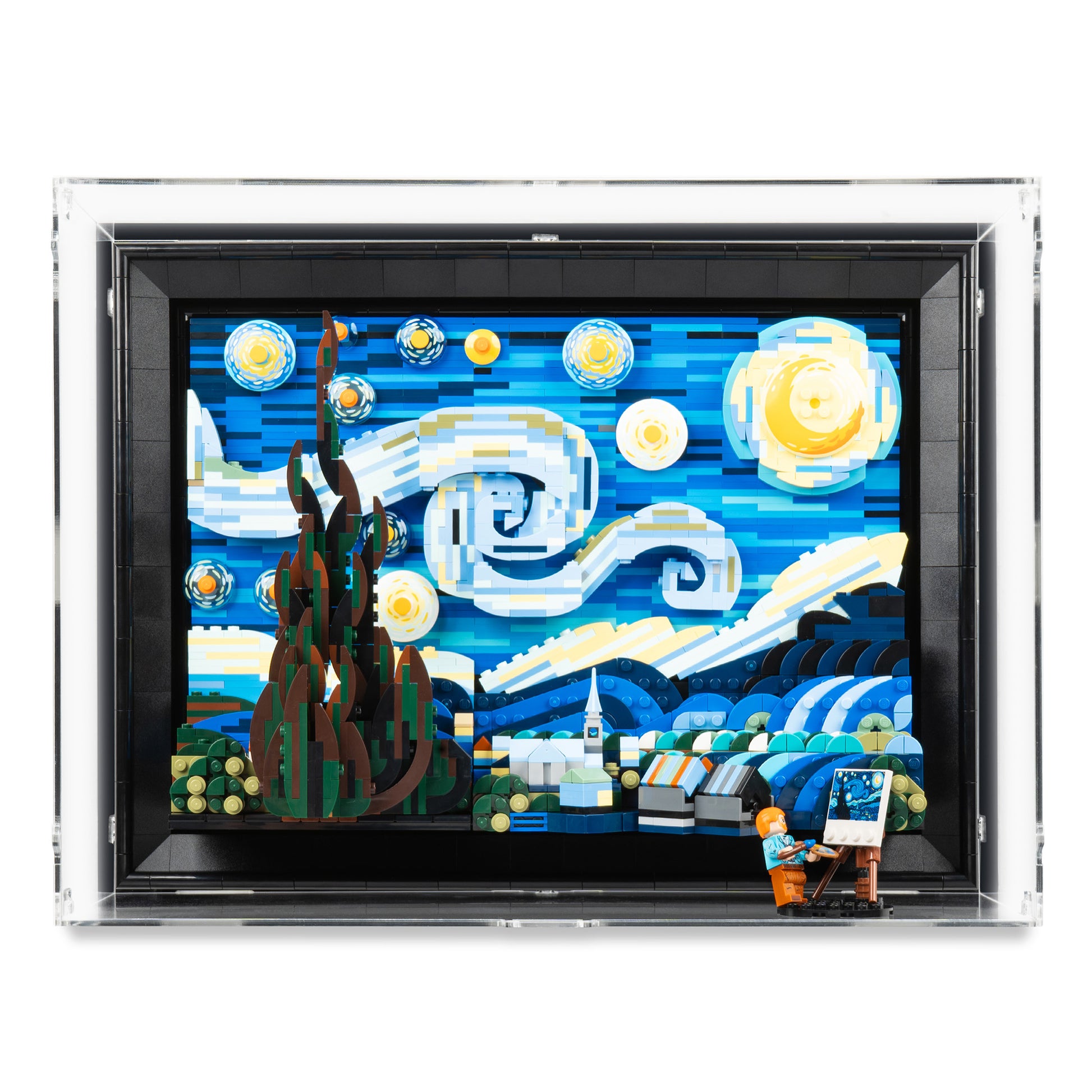 Front view of LEGO 21333 Vincent van Gogh – The Starry Night Wall-Mounted Display Case.