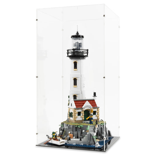 Angled view of LEGO 21335 Motorized Lighthouse Display Case.