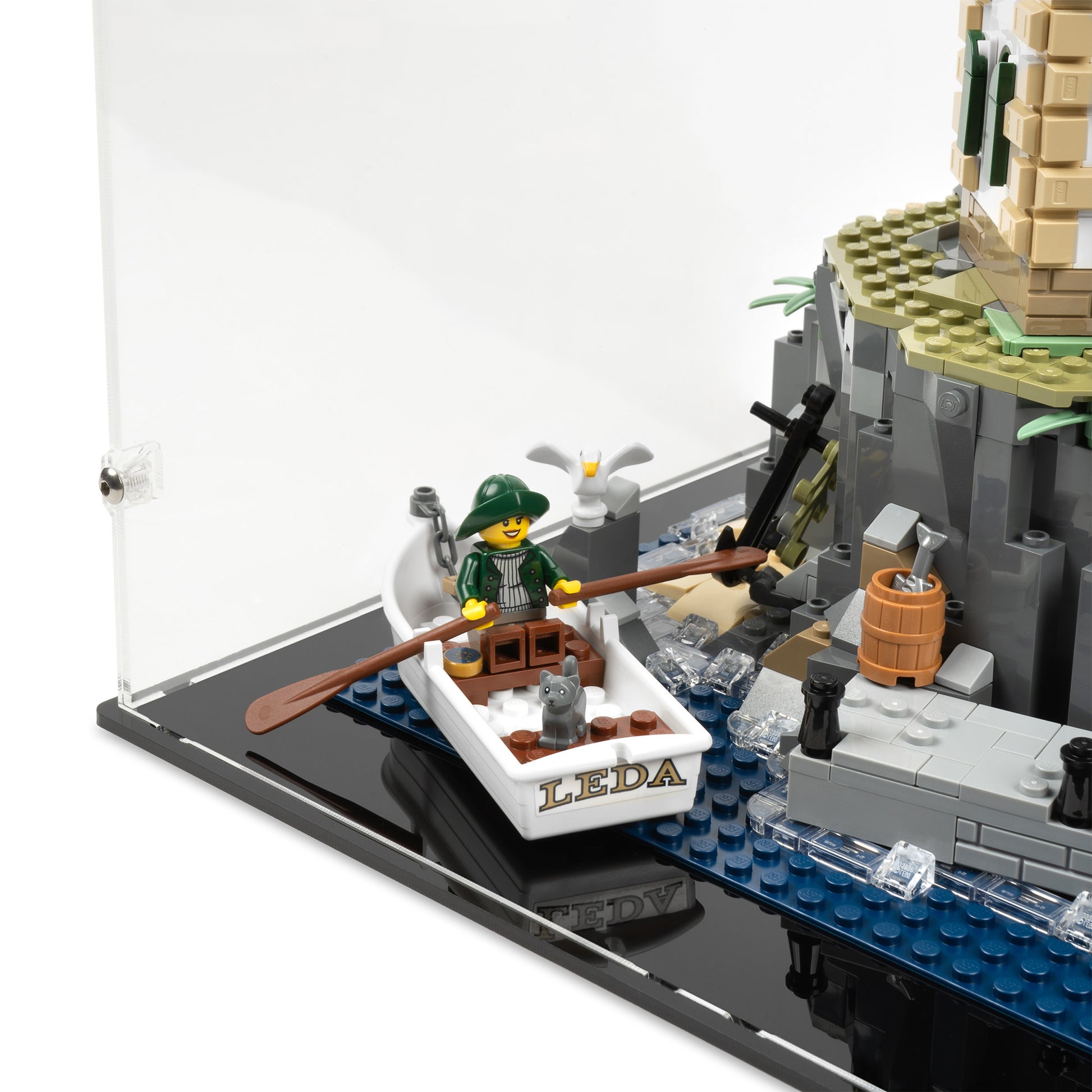 Fitting detail view of LEGO 21335 Motorized Lighthouse Display Case.