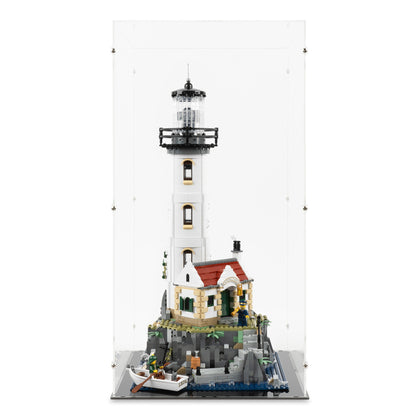 Front view of LEGO 21335 Motorized Lighthouse Display Case.