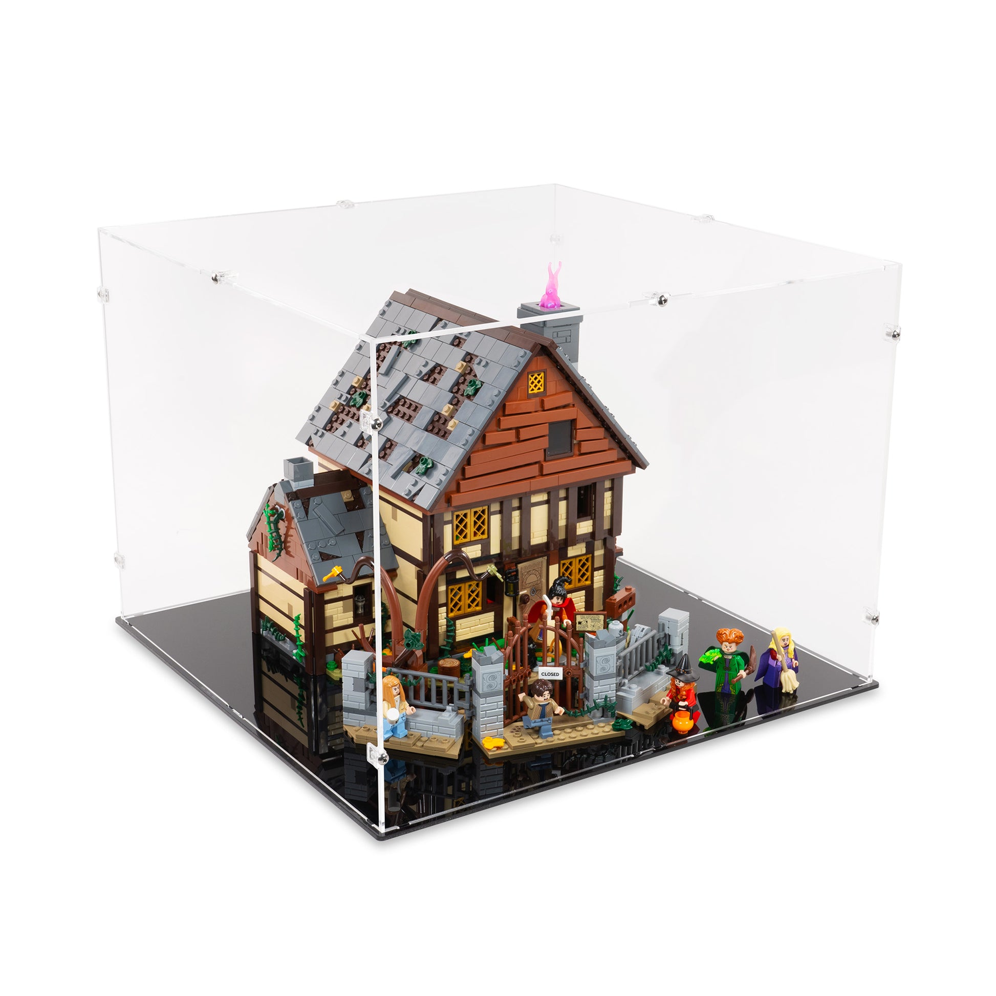 Angled top view of LEGO 21341 Disney Hocus Pocus The Sanderson Sisters' Cottage Display Case.